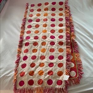 Pier 1 Imports 100% cotton Vibrant polkadot table runner pink orange fringe hem
